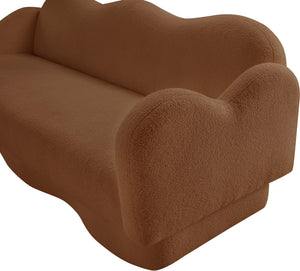 Meridian Furniture Bloom Sculptural Curved Sofa with Cloud Silhouette Seats Three for Modern Living Rooms Saddle Faux Shearling Teddy Fabric 44006Saddle-S