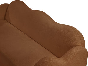 Meridian Furniture Bloom Sculptural Curved Sofa with Cloud Silhouette Seats Three for Modern Living Rooms Saddle Faux Shearling Teddy Fabric 44006Saddle-S