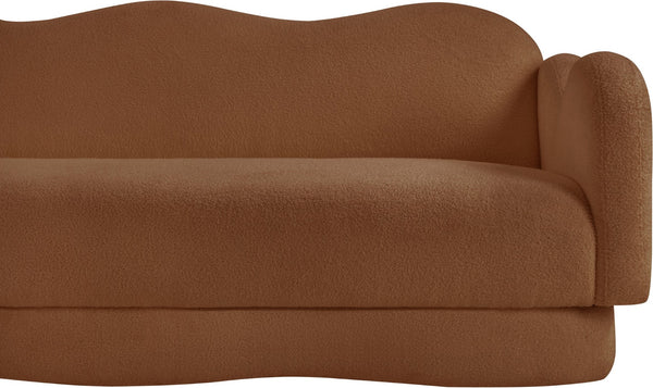 Meridian Furniture Bloom Sculptural Curved Sofa with Cloud Silhouette Seats Three for Modern Living Rooms Saddle Faux Shearling Teddy Fabric 44006Saddle-S