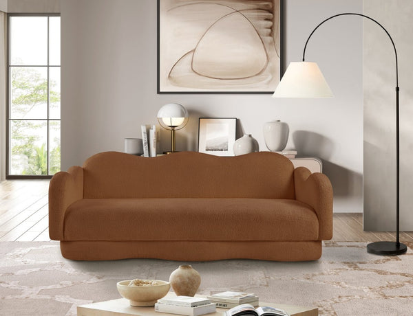 Meridian Furniture Bloom Sculptural Curved Sofa with Cloud Silhouette Seats Three for Modern Living Rooms Saddle Faux Shearling Teddy Fabric 44006Saddle-S