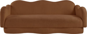Meridian Furniture Bloom Sculptural Curved Sofa with Cloud Silhouette Seats Three for Modern Living Rooms Saddle Faux Shearling Teddy Fabric 44006Saddle-S