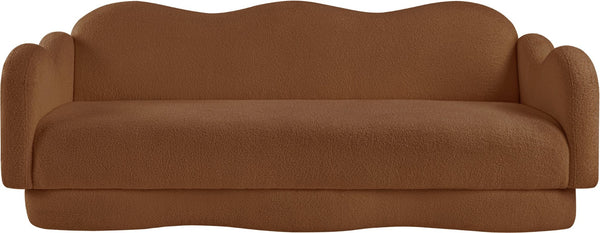 Meridian Furniture Bloom Sculptural Curved Sofa with Cloud Silhouette Seats Three for Modern Living Rooms Saddle Faux Shearling Teddy Fabric 44006Saddle-S