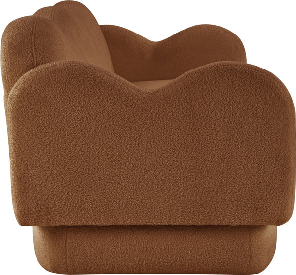 Meridian Furniture Bloom Sculptural Curved Sofa with Cloud Silhouette Seats Three for Modern Living Rooms Saddle Faux Shearling Teddy Fabric 44006Saddle-S