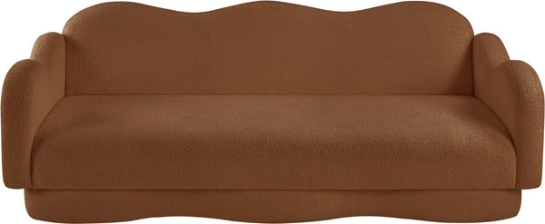 Meridian Furniture Bloom Sculptural Curved Sofa with Cloud Silhouette Seats Three for Modern Living Rooms Saddle Faux Shearling Teddy Fabric 44006Saddle-S