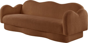 Meridian Furniture Bloom Sculptural Curved Sofa with Cloud Silhouette Seats Three for Modern Living Rooms Saddle Faux Shearling Teddy Fabric 44006Saddle-S