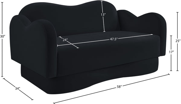 Meridian Furniture Bloom Sculptural Loveseat with Curved Cloud Silhouette and Plush Upholstery for Modern Living Black Velvet 44007Black-L
