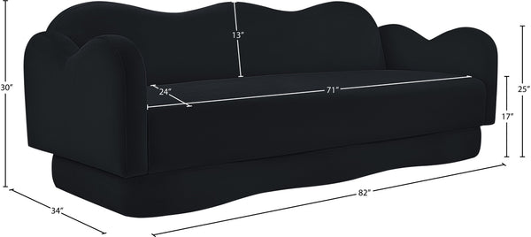 Meridian Furniture Bloom Sculptural Curved Sofa with Cloud Silhouette Seats Three for Modern Living Rooms Black Velvet 44007Black-S
