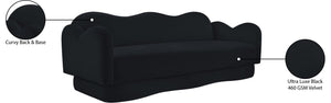 Meridian Furniture Bloom Sculptural Curved Sofa with Cloud Silhouette Seats Three for Modern Living Rooms Black Velvet 44007Black-S