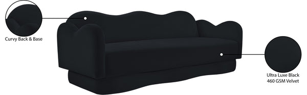 Meridian Furniture Bloom Sculptural Curved Sofa with Cloud Silhouette Seats Three for Modern Living Rooms Black Velvet 44007Black-S