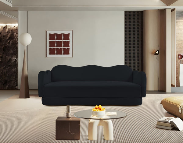 Meridian Furniture Bloom Sculptural Curved Sofa with Cloud Silhouette Seats Three for Modern Living Rooms Black Velvet 44007Black-S