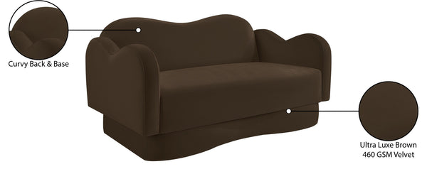 Meridian Furniture Bloom Sculptural Loveseat with Curved Cloud Silhouette and Plush Upholstery for Modern Living Brown Velvet 44007Brown-L