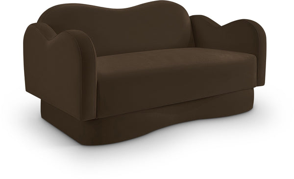 Meridian Furniture Bloom Sculptural Loveseat with Curved Cloud Silhouette and Plush Upholstery for Modern Living Brown Velvet 44007Brown-L