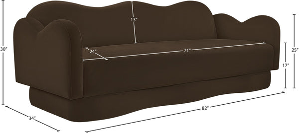 Meridian Furniture Bloom Sculptural Curved Sofa with Cloud Silhouette Seats Three for Modern Living Rooms Brown Velvet 44007Brown-S