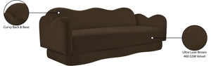 Meridian Furniture Bloom Sculptural Curved Sofa with Cloud Silhouette Seats Three for Modern Living Rooms Brown Velvet 44007Brown-S