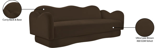 Meridian Furniture Bloom Sculptural Curved Sofa with Cloud Silhouette Seats Three for Modern Living Rooms Brown Velvet 44007Brown-S