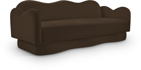 Meridian Furniture Bloom Sculptural Curved Sofa with Cloud Silhouette Seats Three for Modern Living Rooms Brown Velvet 44007Brown-S