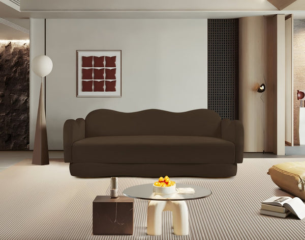 Meridian Furniture Bloom Sculptural Curved Sofa with Cloud Silhouette Seats Three for Modern Living Rooms Brown Velvet 44007Brown-S