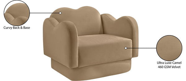 Meridian Furniture Bloom Sculptural Accent Chair Plush Curved Back Design for Modern Living Room or Bedroom Camel Velvet 44007Camel-C