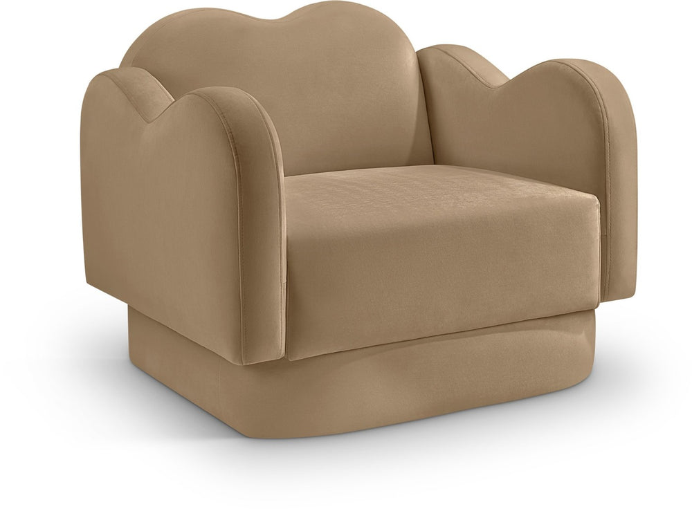 Meridian Furniture Bloom Sculptural Accent Chair Plush Curved Back Design for Modern Living Room or Bedroom Camel Velvet 44007Camel-C