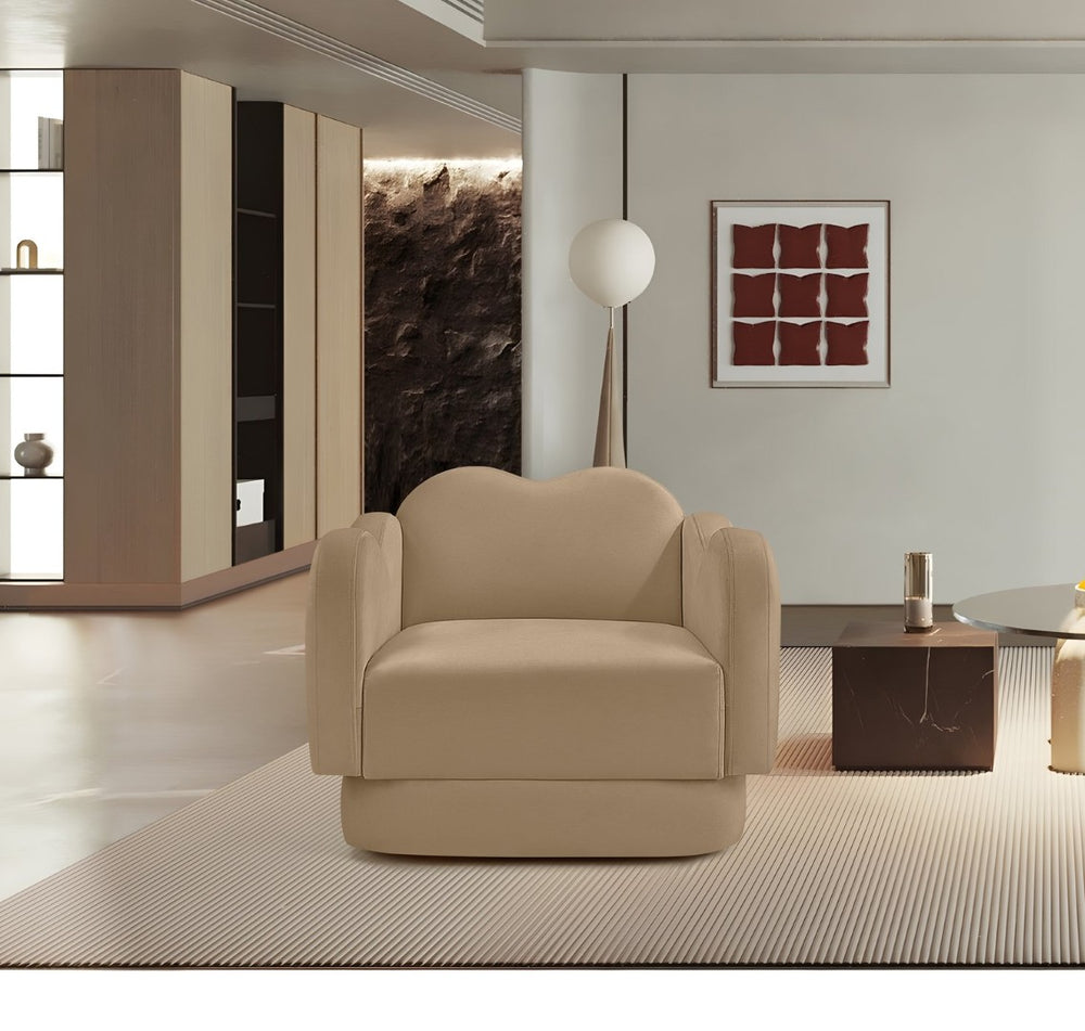 Meridian Furniture Bloom Sculptural Accent Chair Plush Curved Back Design for Modern Living Room or Bedroom Camel Velvet 44007Camel-C