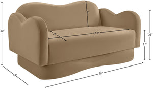 Meridian Furniture Bloom Sculptural Loveseat with Curved Cloud Silhouette and Plush Upholstery for Modern Living Camel Velvet 44007Camel-L