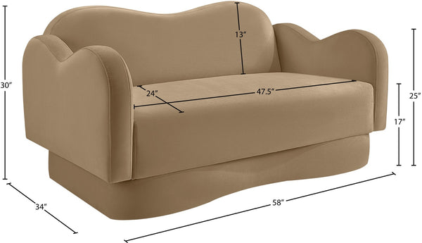 Meridian Furniture Bloom Sculptural Loveseat with Curved Cloud Silhouette and Plush Upholstery for Modern Living Camel Velvet 44007Camel-L