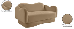 Meridian Furniture Bloom Sculptural Loveseat with Curved Cloud Silhouette and Plush Upholstery for Modern Living Camel Velvet 44007Camel-L
