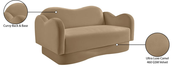 Meridian Furniture Bloom Sculptural Loveseat with Curved Cloud Silhouette and Plush Upholstery for Modern Living Camel Velvet 44007Camel-L