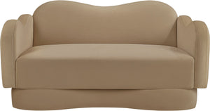 Meridian Furniture Bloom Sculptural Loveseat with Curved Cloud Silhouette and Plush Upholstery for Modern Living Camel Velvet 44007Camel-L
