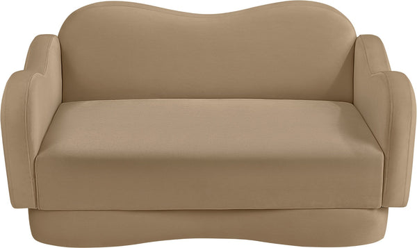 Meridian Furniture Bloom Sculptural Loveseat with Curved Cloud Silhouette and Plush Upholstery for Modern Living Camel Velvet 44007Camel-L