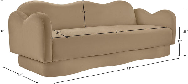 Meridian Furniture Bloom Sculptural Curved Sofa with Cloud Silhouette Seats Three for Modern Living Rooms Camel Velvet 44007Camel-S