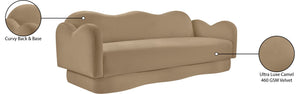 Meridian Furniture Bloom Sculptural Curved Sofa with Cloud Silhouette Seats Three for Modern Living Rooms Camel Velvet 44007Camel-S