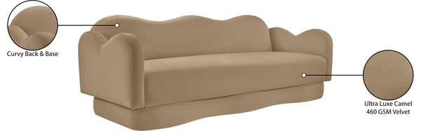 Meridian Furniture Bloom Sculptural Curved Sofa with Cloud Silhouette Seats Three for Modern Living Rooms Camel Velvet 44007Camel-S