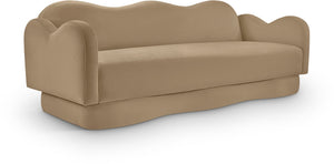Meridian Furniture Bloom Sculptural Curved Sofa with Cloud Silhouette Seats Three for Modern Living Rooms Camel Velvet 44007Camel-S
