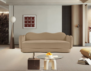 Meridian Furniture Bloom Sculptural Curved Sofa with Cloud Silhouette Seats Three for Modern Living Rooms Camel Velvet 44007Camel-S