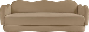 Meridian Furniture Bloom Sculptural Curved Sofa with Cloud Silhouette Seats Three for Modern Living Rooms Camel Velvet 44007Camel-S