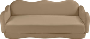 Meridian Furniture Bloom Sculptural Curved Sofa with Cloud Silhouette Seats Three for Modern Living Rooms Camel Velvet 44007Camel-S