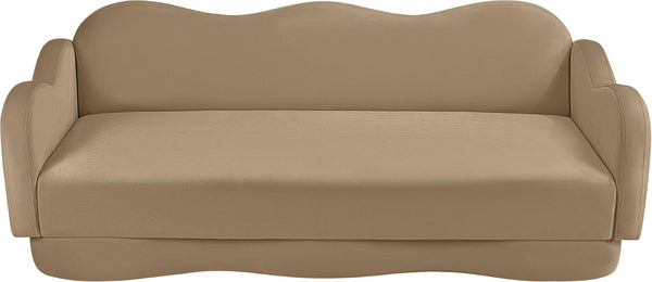 Meridian Furniture Bloom Sculptural Curved Sofa with Cloud Silhouette Seats Three for Modern Living Rooms Camel Velvet 44007Camel-S