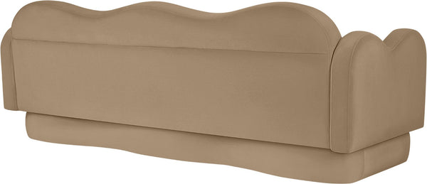 Meridian Furniture Bloom Sculptural Curved Sofa with Cloud Silhouette Seats Three for Modern Living Rooms Camel Velvet 44007Camel-S
