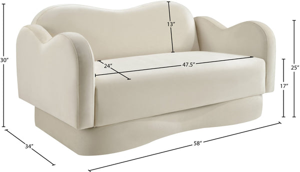 Meridian Furniture Bloom Sculptural Loveseat with Curved Cloud Silhouette and Plush Upholstery for Modern Living Cream Velvet 44007Cream-L