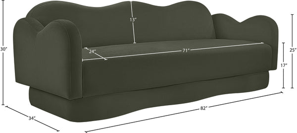 Meridian Furniture Bloom Sculptural Curved Sofa with Cloud Silhouette Seats Three for Modern Living Rooms Green Velvet 44007Green-S