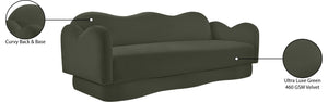 Meridian Furniture Bloom Sculptural Curved Sofa with Cloud Silhouette Seats Three for Modern Living Rooms Green Velvet 44007Green-S