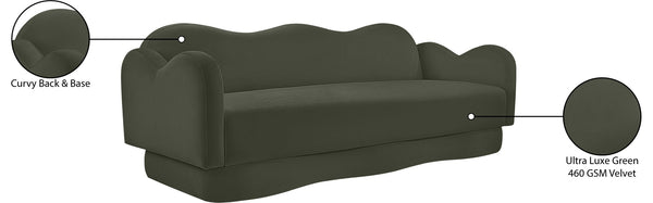 Meridian Furniture Bloom Sculptural Curved Sofa with Cloud Silhouette Seats Three for Modern Living Rooms Green Velvet 44007Green-S