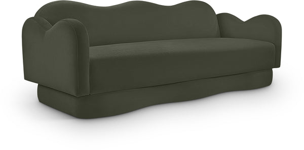 Meridian Furniture Bloom Sculptural Curved Sofa with Cloud Silhouette Seats Three for Modern Living Rooms Green Velvet 44007Green-S