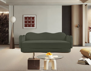 Meridian Furniture Bloom Sculptural Curved Sofa with Cloud Silhouette Seats Three for Modern Living Rooms Green Velvet 44007Green-S