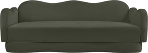 Meridian Furniture Bloom Sculptural Curved Sofa with Cloud Silhouette Seats Three for Modern Living Rooms Green Velvet 44007Green-S