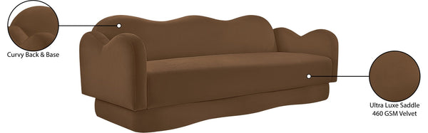 Meridian Furniture Bloom Sculptural Curved Sofa with Cloud Silhouette Seats Three for Modern Living Rooms Saddle Velvet 44007Saddle-S