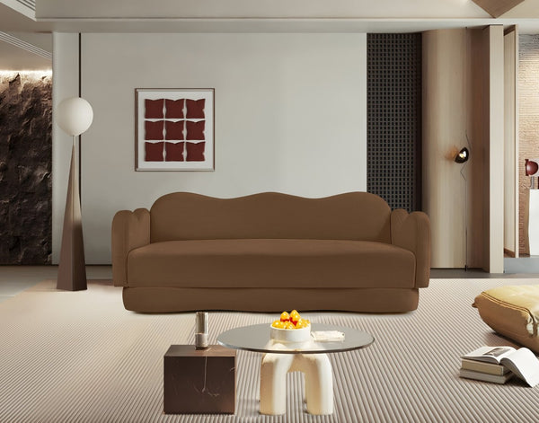 Meridian Furniture Bloom Sculptural Curved Sofa with Cloud Silhouette Seats Three for Modern Living Rooms Saddle Velvet 44007Saddle-S