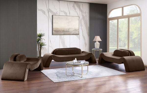 Meridian Furniture Austin Curved Velvet Sofa Sculptural Brown Upholstery for Modern Living Rooms 44008Brown-S