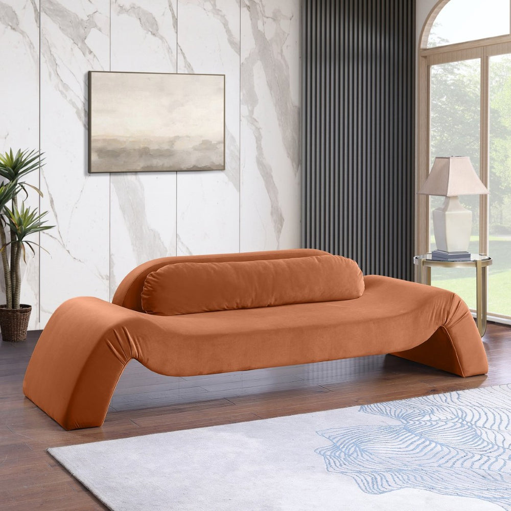 Meridian Furniture Austin Curved Velvet Sofa with Sculptural Frame for Grand Living Room Style 44008Cognac-S